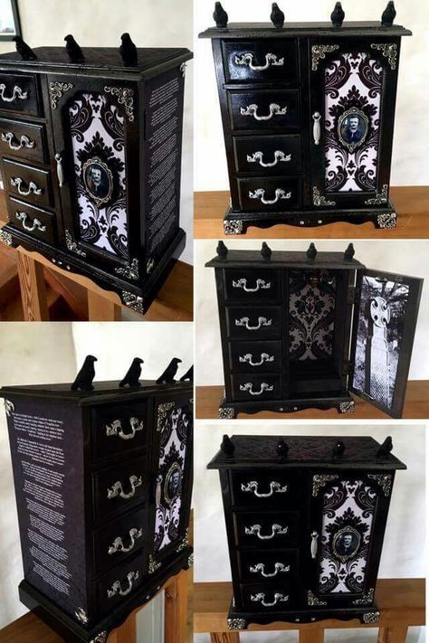 Edgar Allan Poe themed jewelry box by: Curiology Gothic Furniture Diy, Jewelry Armoire Diy, Jewerly Box Diy, Box Makeover, Jewelry Box Makeover, Gothic Bedroom, Jewerly Boxes, Gothic Furniture, Dark Home Decor