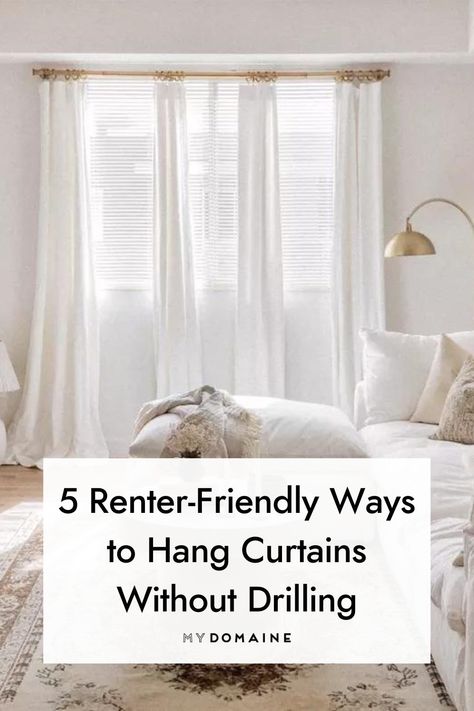 Diy Curtain Hanging, Ways To Hang Curtains, Curtains Without Holes, Curtains Without Rods, Tension Rod Curtains, Curtains Over Blinds, Curtain Ideas For Living Room, Curtains Without Drilling, Living Room Curtain Ideas