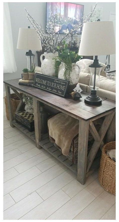 Anna White Sofa Table, How To Decorate A Couch Table, Spring Buffet Table Decor, Farmhouse Sofa Table Decor, Sofa Table Behind Couch Decor Ideas, Back Of Couch Facing Door, Couch Table Decor Ideas, Sofa Table Behind Couch, Entryway Decorating