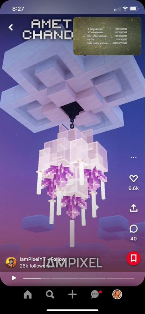 Minecraft Modern Chandelier, Minecraft Houses Quartz, Chandelier Ideas Minecraft, Minecraft Quartz Floor Designs, Minecraft Crystal Design, Mincraft Chandeliers Ideas, End Rod Chandelier Minecraft, Minecraft Chandelier Ideas Big, Minecraft Crystal Shop