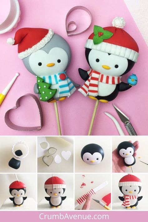 Noel Cake, Penguin Cake Toppers, Penguin Cake, Penguin Cakes, Christmas Cake Topper, Fondant Animals, Cake Topper Tutorial, Christmas Cake Decorations, Quilled Creations