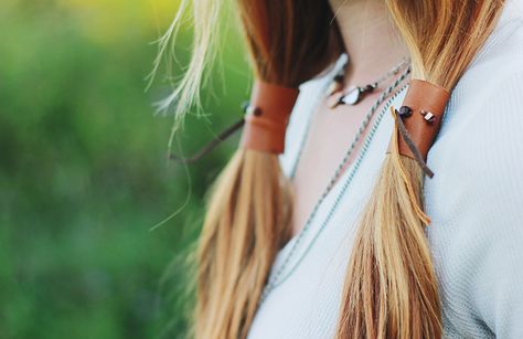 DIY Leather Ponytail Wrap | The Merrythought Diy Ponytail, Hair Twisters, Leather Hair Accessories, Ponytail Wrap, Leather Craft Projects, Hair Ponytail Styles, Ponytail Styles, Leather Fringe, Diy Hair Accessories