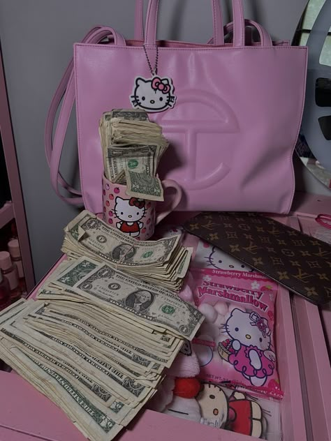 Hello Kitty Lifestyle, Hello Kitty With Money, Pink Hello Kitty Room, Hello Kitty Mood, Budget Book Ideas, Financial Freedom Vision Board Pictures, Pink Telfar Bag, Hello Kitty Money, Freedom Vision Board