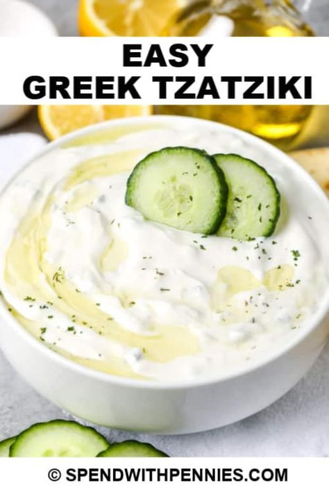 Easy Tzatziki Sauce (Yogurt Cucumber Dip) - Spend With Pennies Greek Tzatziki Sauce, Easy Tzatziki, Zucchini Pommes, Tzatziki Dip, Greek Tzatziki, Tzatziki Recipe, Veggie Kebabs, Cucumber Dip, Tzatziki Sauce Recipe