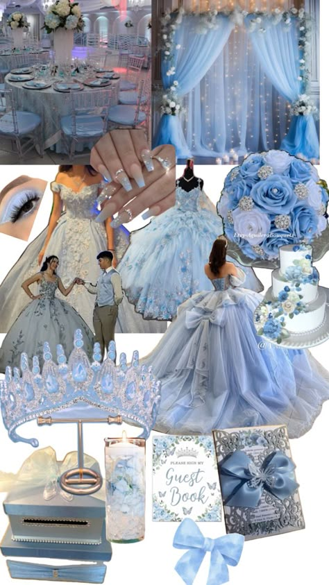 quinceañera idea light blue Quinceanera Winter Wonderland Theme, Quince Cinderella, Blue Quince Ideas, Baby Blue Quince, Blue Quinceanera Ideas, Sweet 16 Cinderella Theme, Quinceanera Winter Wonderland, Blue Quinceanera Theme, Quince Blue