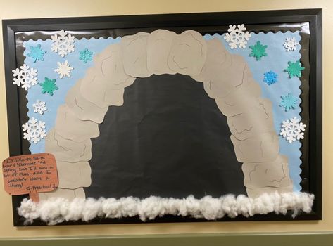 Bear Cave Bulletin Board, Artic Animal Bulletin Board Ideas, Cave Bulletin Board Ideas, Bear Hunt Bulletin Board, Artic Animal Bulletin Board, Winter Animal Bulletin Board Ideas, Bear Cave Dramatic Play, Hibernation Bulletin Board Ideas, Cave Bulletin Board