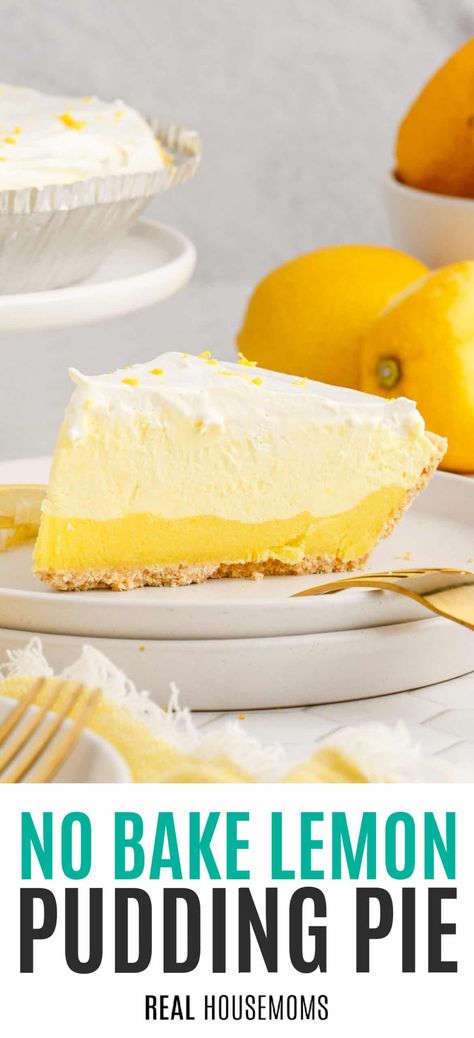 Light and creamy Lemon Pudding Pie is bursting with sunshine lemon flavor after just a little mixing and is ready to eat! Lemon pudding mix, milk, Cool Whip, and a premade graham cracker crust are the only simple ingredients to make a sensational no-bake pie. #Realhousemoms #lemonpudding #pie #coolwhip #summertimedessert #easterdessert #mothersdaydessert #potluck Lemon Favors, Lemon Pudding Pie, Lemon Pudding Dessert, Lemon Pudding Recipes, Easy Lemon Pie, No Bake Lemon Pie, Cool Whip Pies, Pudding Pie Recipes, Nobake Dessert