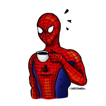 Spiderman Coffee by Inkstandy Spiderman With Headphones Drawing, Spiderman With Headphones Comic, Andrew Garfield Spiderman Cartoon, Spider Man And Deadpool Dancing To Shake It Off, Spider Man And Deadpool Dancing, Coffee Cartoon, Great Coffee, Drinking Tea, Spiderman