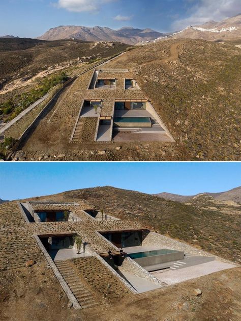 A Home Built Into The Hillside Of This Island Is Almost Invisible House Built Into Hillside, Case Sotterranee, Earth Sheltered Homes, Architecture Renovation, Earth Sheltered, Underground Homes, Christmas Farmhouse, Front Porch Ideas For Mobile Homes, Unique House Design