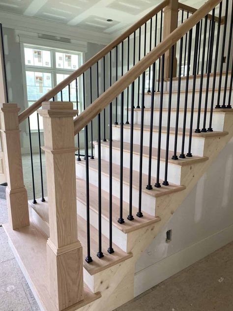 Hiring a General Contractor - My Modern White Farmhouse Colonial Staircase, Modern White Farmhouse, Basement Stair Railing Ideas, Modern Farmhouse Staircase, Farmhouse Build, Farmhouse Staircase, Farmhouse Stairs, Center Hall Colonial, Oak Stairs