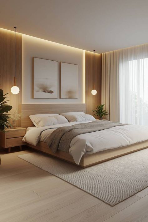 Simple And Modern Bedroom, 10m2 Bedroom Layout, Bedroom Unisex Ideas, Modern Simple Interior Design, Main Bedroom Ideas Modern Luxury, Luxury Scandinavian Bedroom, Cozy Bright Bedroom Ideas, Luxurious Small Apartment, Loft Bedroom Lighting Ideas