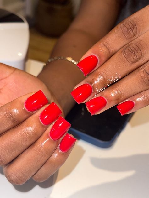 Cute Simple Square Nails, Red Nails Black Women, Simple Square Nails, Neon Red Nails, Square Nails Red, Red Short Nails, Hard Nails, Neon Red, Nails Red