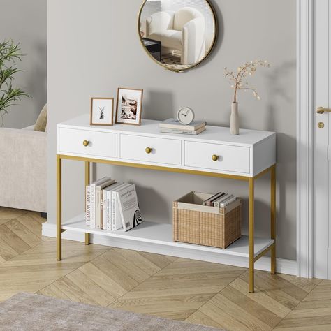 【Stylish and Functional Console Table】This console table is the ideal addition to elevate your entryway décor. The fresh white drawers and luxurious gold frame bring elegance and sophistication to your entryway. Long Entryway Table, Table For Hallway, Foyer Office, Embellished Furniture, Narrow Sofa Table, Narrow Sofa, Office Corridor, White Console Table, Living Room Foyer