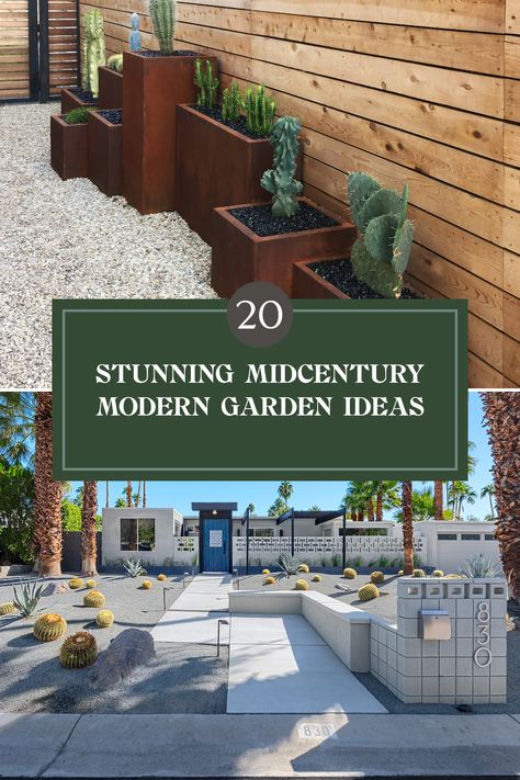 Spruce up your outdoor space with these 20 stunning midcentury modern garden ideas that make retro design shine! From sleek hardscapes to efficient water features, these concepts combine functionality and style beautifully. Whether you're after an inviting patio, unique landscaping elements, or clever plant choices, these ideas provide the perfect inspiration to recreate the iconic aesthetic of midcentury modern. Grab your gardening gloves and come explore these beautiful outdoor transformations! Midcentury Modern Landscaping, Modern Garden Ideas, Landscaping Elements, Modern Landscaping Ideas, Unique Landscaping, Iconic Aesthetic, Maximalist Interior, Desert Decor, Garden Modern