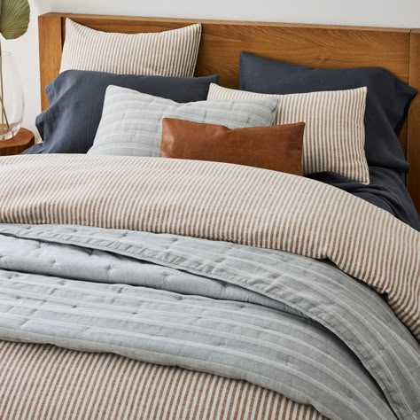 Tan Striped Bedding, Pinstripe Bedding Bedroom Ideas, Striped Linen Bedding, Striped Bedding Ideas, Striped Bedding Bedroom, Bed Spread Ideas, Striped Bedspread, Fox Room, Pinstripe Bedding