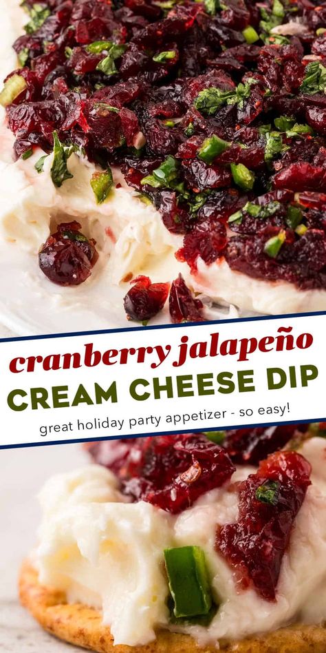 Whipped slightly sweetened cream cheese topped with a sweet, tart, and spicy cranberry jalapeño mixture. The red and green colors are perfect for the holidays, and this recipe uses dried cranberries to make this easy to make year-round. This is a dip that people go crazy over! Stonemill Cranberry Jalapeno Dip, Cranberry Cream Cheese Jalepeno Dip, Keto Friendly Christmas Dinner, Snacks With Jalapenos, Green Colored Food, Easy Thanksgiving Dip Recipes, Food With Jalapenos, Holiday Dishes Christmas Dinner Parties, Cranberry Relish Appetizer