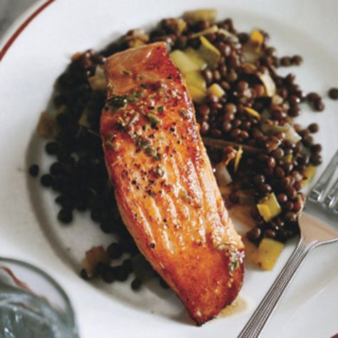 Salmon with Lentils and Mustard-Herb Butter (_Saumon aux Lentilles_) Sauteed Salmon, French Green Lentils, French Lentils, Lemon Salmon, Mustard Sauce, Lentil Recipes, Smoked Pork, Herb Butter, Just Cooking