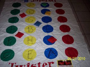 “Twist” on Twister | Misslisapat's Blog Messy Twister, Twister Board, Twister Mat, Twister Game, Bean Bag Games, Nursing Home Activities, Occupational Therapy Activities, Elderly Activities, Literacy Games