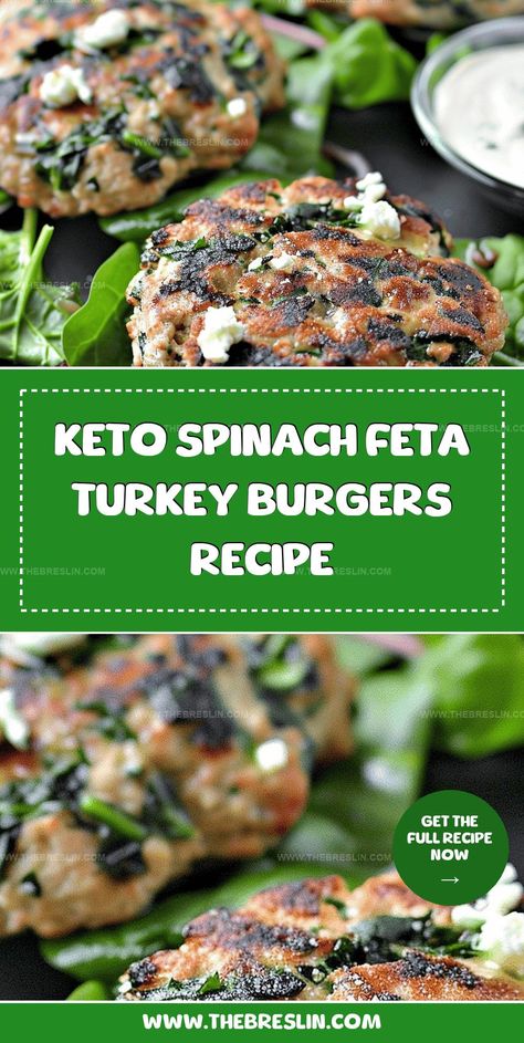 Keto spinach feta turkey burgers combine lean turkey, creamy feta, and fresh spinach for a protein-packed meal full of flavor. This dish is perfect for a healthy lunch or dinner. Turkey Spinach Feta Burgers, Spinach Feta Turkey Burgers, Feta Burgers, Green Goddess Salad Dressing, Keto Spinach, Turkey Spinach, Low Carb Burger, Creamy Feta, Turkey Burger Recipes