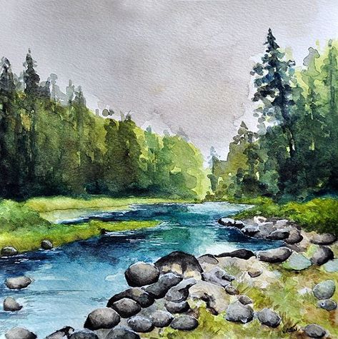 Watercolor Landscape - riverside art Watercolor Scenery, 달력 디자인, Watercolor Art Landscape, River Painting, Watercolour Inspiration, 수채화 그림, Watercolor Landscape Paintings, Watercolor Trees, Arte Sketchbook