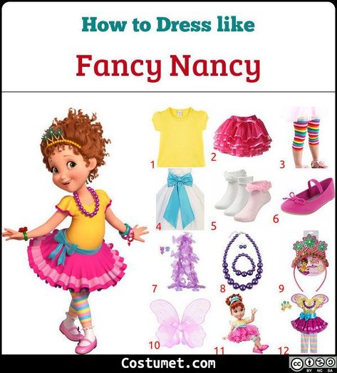 Fancy Nancy costume is a sleeved yellow shirt, a pink tutu, a light blue bow belt, hot pink Mary Janes, and a purple beaded necklace. She also likes wearing a pretty tiara atop her beautiful, curly, red hair.             #Female #Disney #cartoon #female #tv #FancyNancy #toddler #redhair Character From Books Costume, Fancy Nancy Dress Up, Fancy Nancy Book Character Day, Diy Fancy Nancy Costume, Fancy Nancy Costume Diy, Fancy Nancy Costume Adult, Fancy Nancy Halloween Costume, Fancy Nancy Outfit, Book Character Costumes For Kids