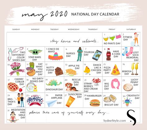 Sydne Style shares May national days calendar with daily holidays. #nationaldaycalendar #maycalendar #nationaldays @sydnesummer Holiday Calendar Ideas, National Star Wars Day, May Holidays, National Celebration Days, Monthly Holidays, National Holiday Calendar, Cherry Cobbler Recipe, Silly Holidays, Monthly Celebration