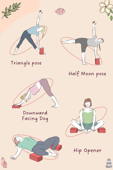 Yoga block exercises illustrations - How to use exercise block for home workout, yoga stretches, and pilates exercise. 9 yoga block poses for you to try at home! Yoga With Blocks Beginner, Yoga Block Exercises, Yoga Blocks Stretches, Block Exercises, Yoga Blocks Exercises, Asana Yoga Poses, Hata Yoga, Yoga Information, Pilates Exercise