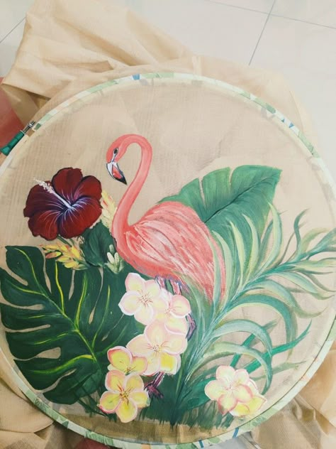 Flamingo Painting On Fabric, Fabric Painting On Bedsheet, Unique Fabric Painting Ideas, Fabric Painting On Saree, Tropical Flowers Painting, Painting Flamingo, Doodle Art Posters, Suit Painting, Art On Clothes