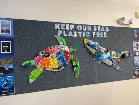 Environmental Art Projects, Earth Day Drawing, Recycling Activities, Ocean Projects, Library Bulletin Board, Steam Ideas, Earth Day Projects, Recycled Art Projects, Earth Day Crafts