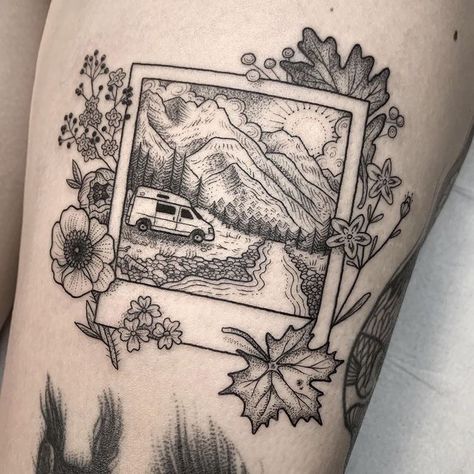 Polaroid Tattoo, Rib Tattoo Quotes, Desert Tattoo, Rad Tattoos, Neat Tattoos, Camping Tattoo, Camera Tattoos, Scene Tattoo, Flash Ideas