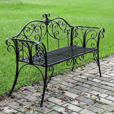 Black Outdoor Bench, Metal Outdoor Bench, Front Porch Bench, Metal Patio Chairs, Cast Iron Bench, Metal Garden Benches, Victorian Gardens, Outdoor Garden Bench, Wrought Iron Furniture