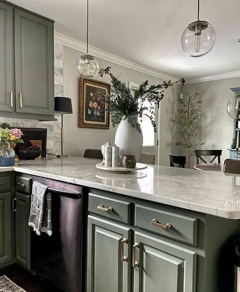 The Best Colors for Sage Green Kitchen Cabinets (To Get the Look You Want!) - Mod & Mood Grey Kitchen With Green Cabinets, Sherwin Williams Thunderous, Modern Green Kitchen, Green Kitchen Aesthetic, Sage Green Cabinets, Renovate Kitchen, Organization Ideas Kitchen, 2024 Bathroom, Sage Kitchen