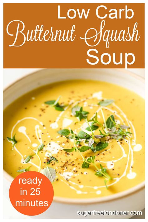 This creamy low carb butternut squash soup is such a comforting and quick meal! It's a family favourite for autumn and winter and ready in just 25 minutes. Butternut Squash And Carrot Soup, Paleo Butternut Squash Soup, Squash And Carrot Soup, Vegan Butternut Squash Soup, Frozen Butternut Squash, Butternut Squash Soup Recipe, Pinterest Food, Cheese Burger Soup Recipes, Butternut Soup