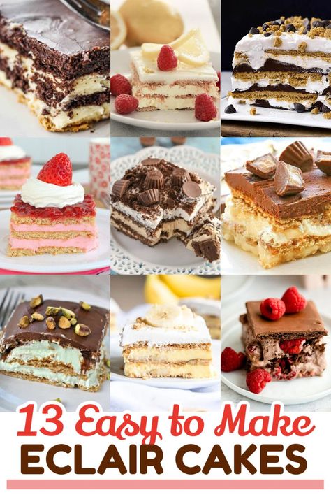 No Bake Chocolate Eclair Cake, No Bake Chocolate Eclair, No Bake Eclair, Eclair Cake Recipe, Eclair Dessert, Chocolate Eclair Dessert, Eclairs Dessert, No Bake Eclair Cake, Eclair Cake Recipes