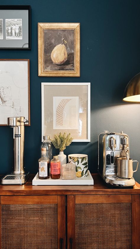 Coffee Nook In Living Room, Coffee Bar Lamp, Dining Room Coffee Station, Dining Room Coffee Bar Ideas, Coffee Station Living Room, Coffee Station In Dining Room, Grey Blue Accent Wall, Coffee Machine Corner, Coffee Corner In Living Room