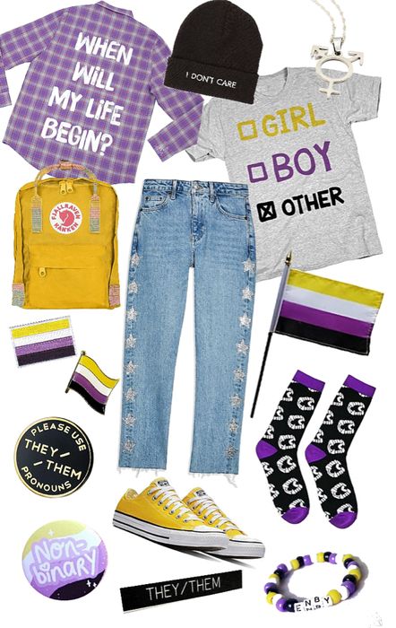 nonbinary finery Outfit | ShopLook Non Binary Outfits, Lgbtq Outfit, Pride Parade Outfit, Lgbtq Fashion, Nonbinary Flag, Lgbtq Clothing, Yellow Vans, Gay Outfit, Lgbt T Shirts