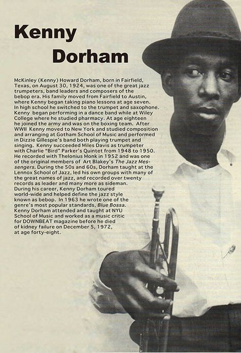 Kenny Dorham Down Beat Bio Kenny Dorham, I Am Jazz, A Love Supreme, Music Trivia, Trumpet Players, Jazz Artists, Billie Holiday, Jazz Guitar, All That Jazz