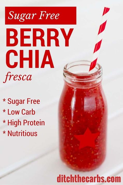 Sugar Free Berry Chia Fresca – Ditch The Carbs Chia Fresca, Chia Drink, Wild Rose Detox Recipes, Sugar Detox Recipes, Sugar Free Drinks, Chia Recipe, Low Carb Drinks, Chia Seed Recipes, Sugar Free Low Carb