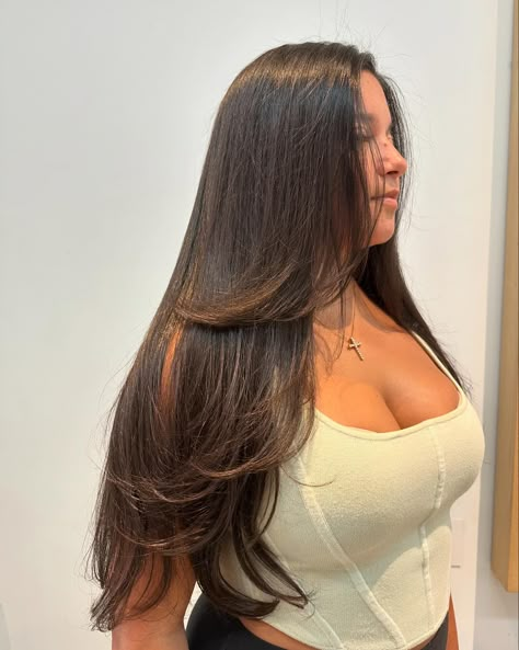 Leveling up with every layer 💇‍♀️ swipe for before ! stylist : @sashdoeshair ��• • • #vidovwestsalon #nycsalon #nychairstylist #davines #davinesproducts #haircuts #longlayers #layers #longhair #blowout #blowoutcut #vidovhair #haircutdavines Long Bouncy Layers Haircuts, Blowout With No Layers, Straight Blowout Hair, Blowout Long Hair, Long Hair Blowout, Long Haircut With Layers, Blowout Haircut, Medium Length Hair Straight, Titanium Flat Iron