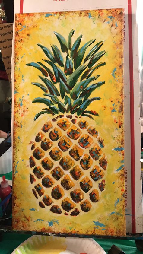 Pineapple, acrylic painting on 10x22 inch canvas done in Elene's Sip & Chat Paint Party by Vicky Lada. Sold Pineapple Painting Acrylics, Pinapple Art, Mosaic Tile Ideas, Market Painting, Pineapple Painting, Paint Night Ideas, 3d Art Drawing, Fruit Painting, Paint Night