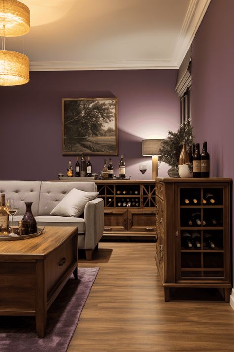 Colors that Go with Plum Walls: Realistic Living Area with Quality Brown Furniture Aubergine Accent Wall, Living Room Purple Decor, Paint Color Room Ideas, Wall Colors For Living Room With Brown Furniture, Plum Color Walls, Deep Purple Dining Room, Wine Bedroom Color, Coloring Wall Ideas, Living Room Paint Color Ideas With Dark Wood Trim