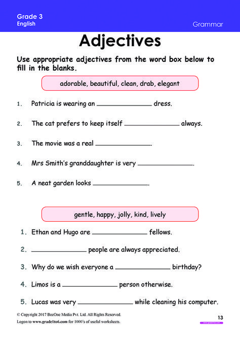 Subscribe to https://www.grade1to6.com/register-new.php#home for just $1.25 / Rs 100 a Year to access 6000 plus English & Math Worksheets for Grade 1 to Grade 6 Curriculum: CBSE / ICSE / NCERT/ SCERT / IB (PYP / MYP1) #mathworksheets #englishworksheets #backtoschool #cbse #pyp Tenses Worksheet, Third Grade Grammar Worksheets, Third Grade Grammar, Adjectives Exercises, Third Grade Worksheets, Free English Worksheets, English Adjectives, Adjective Worksheet, Describing Words