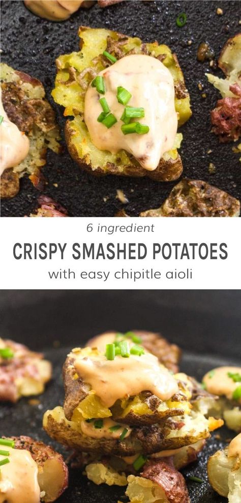 Smashed Potatoes with Chipotle Aioli are an easy 4 ingredient side recipe. Smashing the potatoes before roasting means more of those irresistible crispy edges. Served with a 5 minute chipotle aioli sauce for dunking. The perfect appetizer or side! #smashedpotatoes #crispypotatoesrecipe #chipotleaiolirecipe #veganpotatorecipe | DarnGoodVeggies.com Chipotle Aioli Sauce, Vegan Potato Recipes, Veggies Recipes, Aioli Sauce, Crispy Smashed Potatoes, Chipotle Aioli, Vegan Dinner Recipes Easy, Easy Vegan Dinner, Vegan Side Dishes