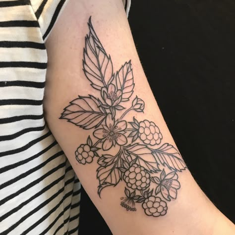 Berry Tattoo Black And White, Cheese Plant Tattoo, Traditional Tattoo Sleeve Women, Wild Strawberry Tattoo, Bramble Tattoo, Berries Tattoo, Raspberry Tattoo, Berry Tattoo, Plant Tattoo Ideas