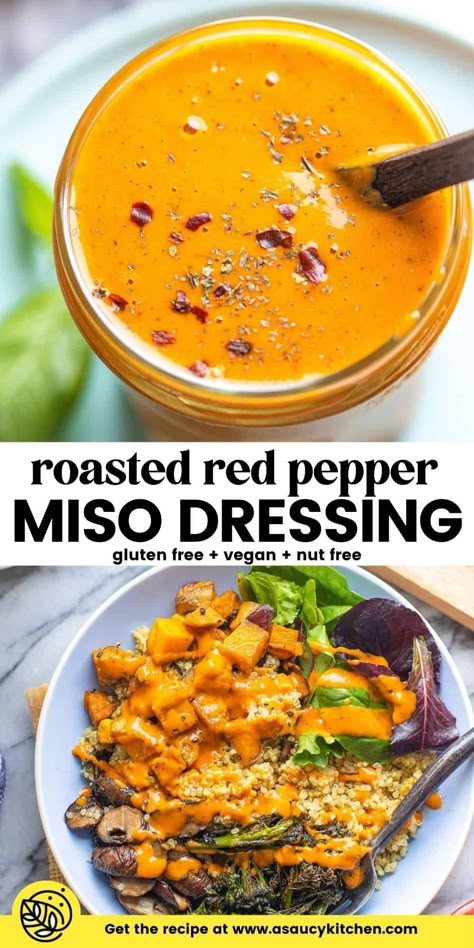 Sweet, salty, tangy and umami-packed - this Roasted Red Pepper Miso Dressing hits all the right notes! Simply blend everything together, taste, season and enjoy! There are so many ways to enjoy this miso sauces. Serve as a salad dressing, tossed into roasted veggies, mixed into grain bowls and more! Miso Salad Dressing, Miso Recipe, Red Miso, Grain Bowls, Salad Dressing Recipes Homemade, Miso Dressing, Vegan Sauces, Homemade Salads, Roasted Red Pepper