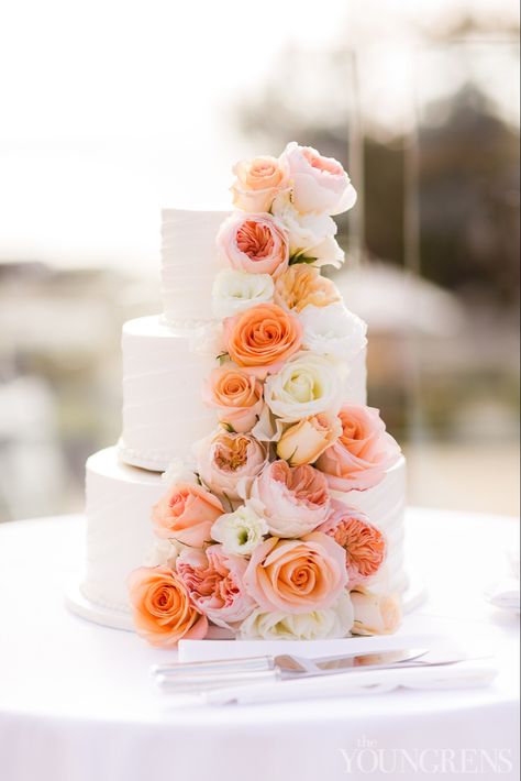 Peach and orange wedding flowers on white cake Peach Wedding Inspiration, Peach And Yellow Wedding Decor, Peach Flower Wedding Cake, White And Orange Wedding Cake, Orange And Pink Wedding Cake, Orange Wedding Spring, Wedding Color Palette Orange, Light Orange Wedding, Peach And Orange Wedding