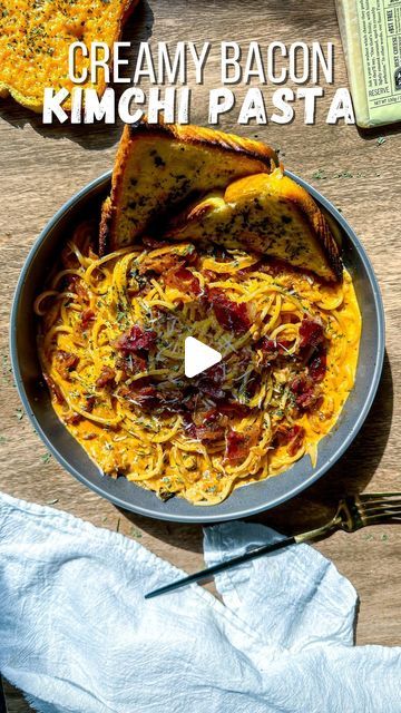 18K views · 2.2K likes | Farah J | Easy Recipes on Instagram: "Creamy Bacon Kimchi Pasta @farahjeats 

Have a go at this scrumptious Creamy Bacon Kimchi Pasta. The pasta is tossed in a flavorful creamy kimchi sauce, topped with crispy beef bacon and shredded parmesan.

#asianfood #pasta #asianfusion #easyrecipe #asianrecipe #foodie #foodblogger" Kimchi Bacon Pasta, Bacon Kimchi, Kimchi Pasta, Kimchi Sauce, Crispy Beef, Beef Bacon, Asian Fusion, Kimchi, Easy Recipes