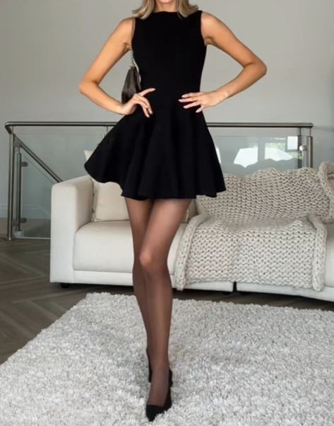 Black Dress Black Tights, Black Mini Dress Outfit, 18th Birthday Dress, Black Heels Outfit, Tight Black Dress, Modest Casual Outfits, Mini Dress Outfits, Flair Dress, Dress With Stockings