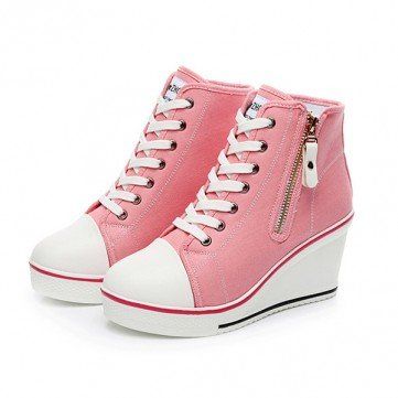 Big Size Canvas Korean Style High Top Lace Up Zipper Wedge Heel Casual Shoes Women Wedges, Wedge Heel Sneakers, Women Platform Sneakers, Gothic Boots, Style Converse, Platform Wedges Shoes, Buy Boots, Punk Boots, June 1st