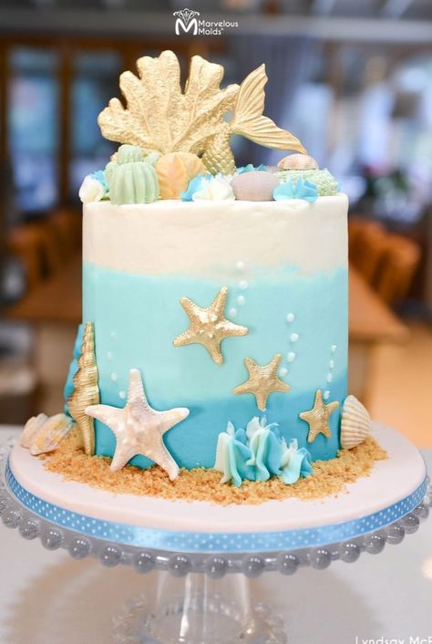 Sea Cake Ideas Birthday, Clam Shell Cake, Beach Themed Birthday Cakes, Ocean Cake Ideas, Ocean Decorations, Shell Cake, Beach Birthday Cake, Seashell Cake, Ocean Cake